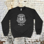 Black Miskatonic School of Medicine sweatshirt featuring a classic medical emblem with caduceus and laurel wreath design.
