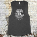 Miskatonic School of Medicine muscle tank with vintage medical emblem and Arkham, Mass text on dark heather fabric