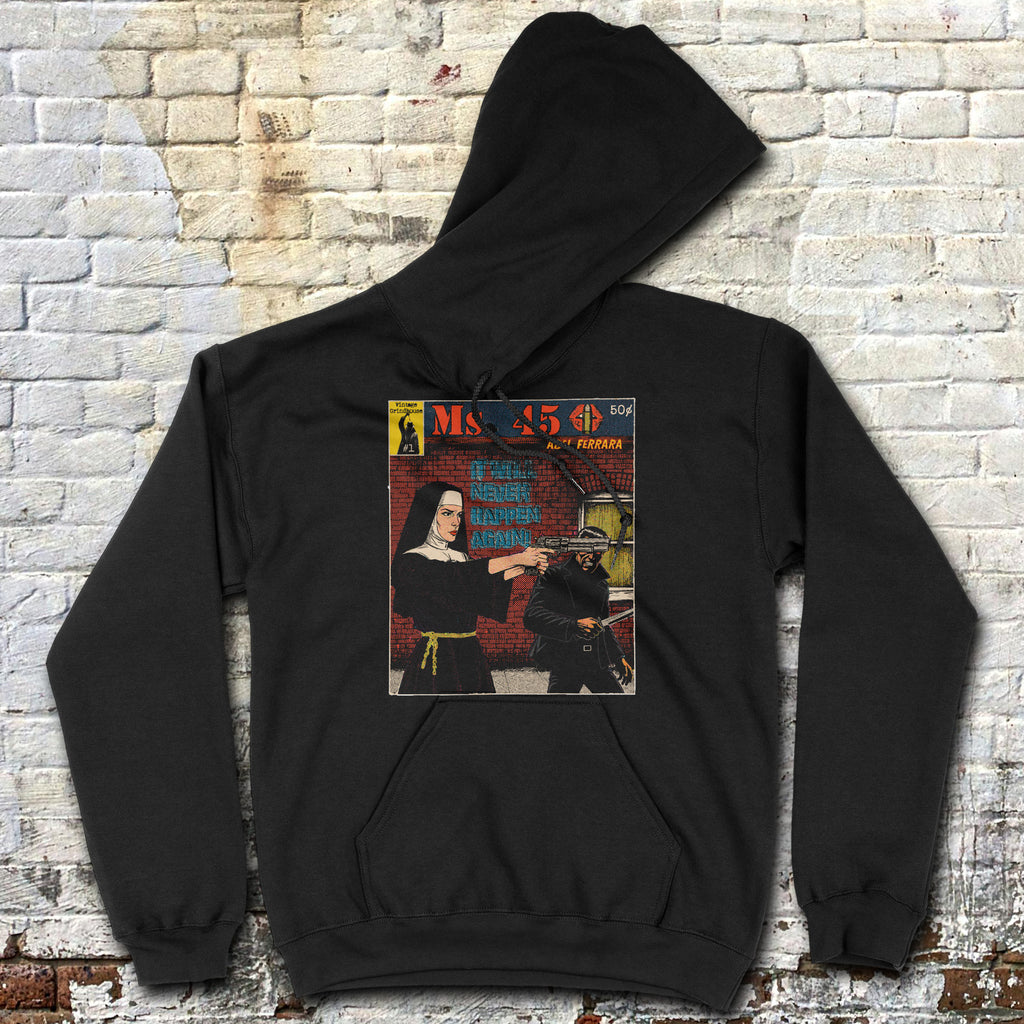 Black hoodie with a graphic design on the back against a brick wall background