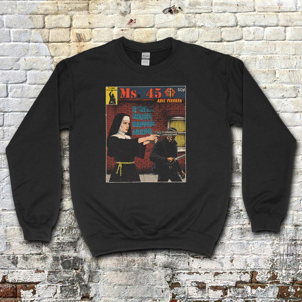 Ms. 45 - Pulp Edition #1 sweatshirt featuring vintage comic cover with nun and man in dramatic street scene on black fabric