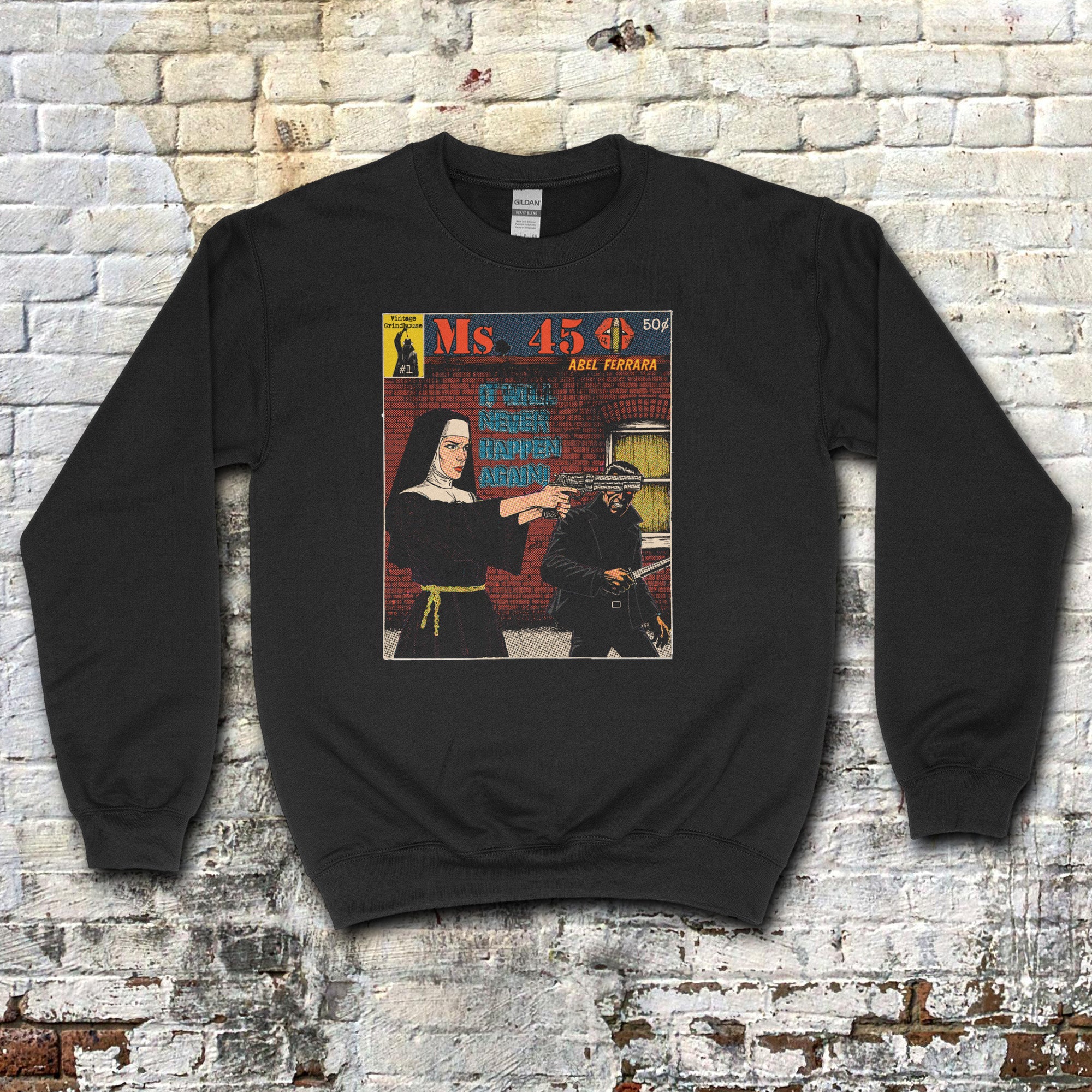Ms. 45 - Pulp Edition #1 sweatshirt featuring vintage comic cover with nun and man in dramatic street scene on black fabric