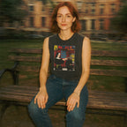 Ms. 45 - Pulp Edition #1 muscle tank worn by model sitting on park bench featuring bold graphic with vintage comic style