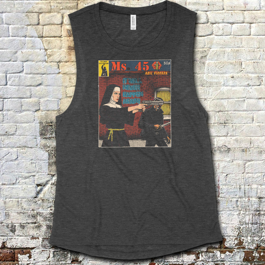 Ms. 45 - Pulp Edition #1 muscle tank with graphic of nun aiming gun in vintage comic style on dark fabric