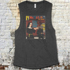Ms. 45 - Pulp Edition #1 muscle tank with graphic of nun aiming gun in vintage comic style on dark fabric