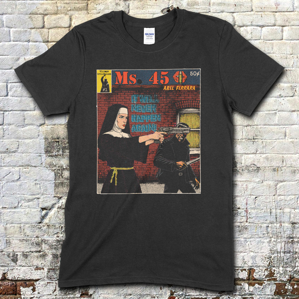 Black t-shirt featuring a vintage pulp comic style graphic of a nun aiming a gun with Ms 45 text on front