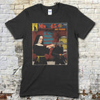 Black t-shirt featuring a vintage pulp comic style graphic of a nun aiming a gun with Ms 45 text on front