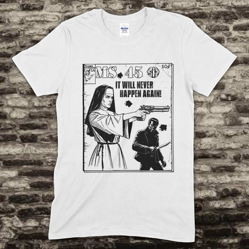 White t-shirt with graphic design of a nun holding a gun and text on a brick wall background