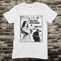 White t-shirt with graphic design of a nun holding a gun and text on a brick wall background
