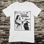 White t-shirt with graphic design of a nun holding a gun and text on a brick wall background