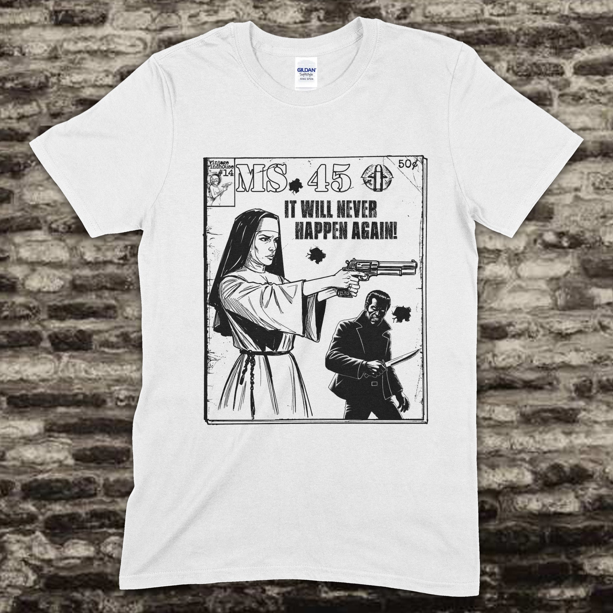 White t-shirt with graphic design of a nun holding a gun and text on a brick wall background