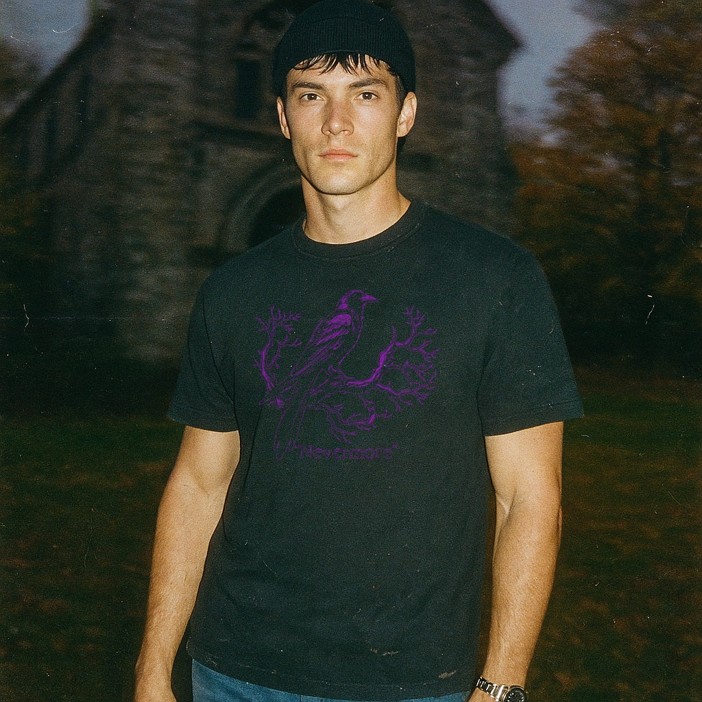 The Raven - "Nevermore" t-shirt in black with a purple crow perched on twisted branches and gothic lettering