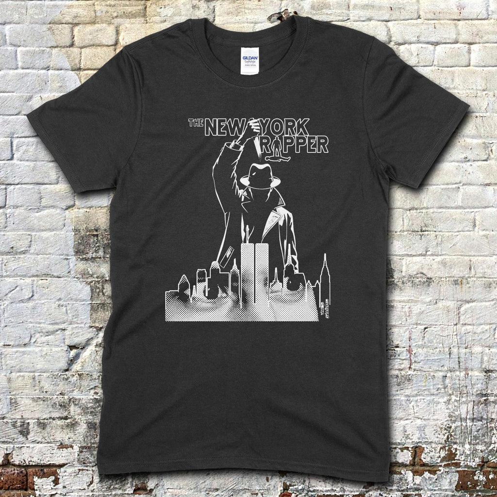 Black t-shirt featuring a noir-style figure above a city skyline with "The New York Ripper" text design