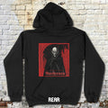 Nosferatu hoodie rear print featuring vintage vampire portrait framed by gothic red architectural elements and bold text