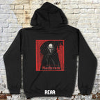 Nosferatu hoodie rear print featuring vintage vampire portrait framed by gothic red architectural elements and bold text