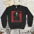 Nosferatu: A Symphony of Horror sweatshirt with bold red and black graphic of classic vampire against gothic backdrop