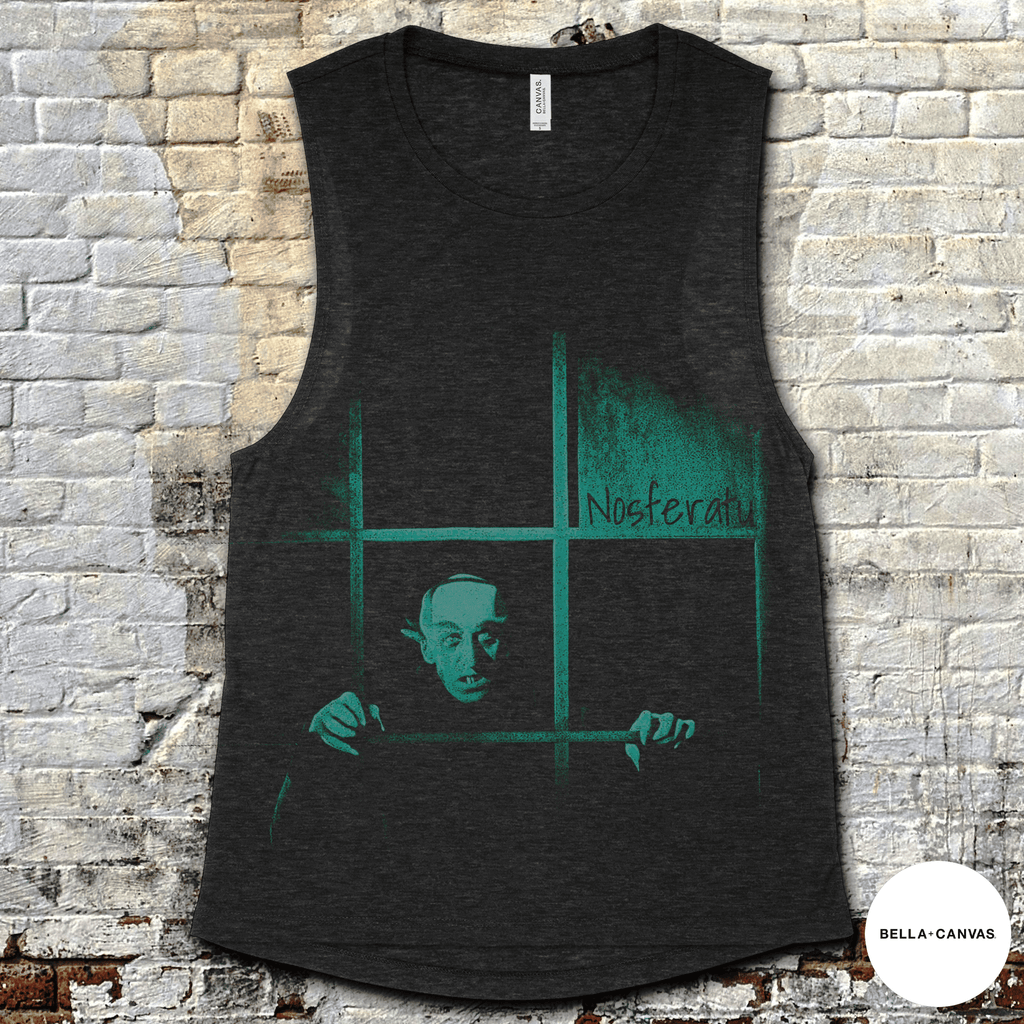 Nosferatu: A Symphony of Horror muscle tank with eerie green vampire silhouette and vintage grindhouse style on dark fabric