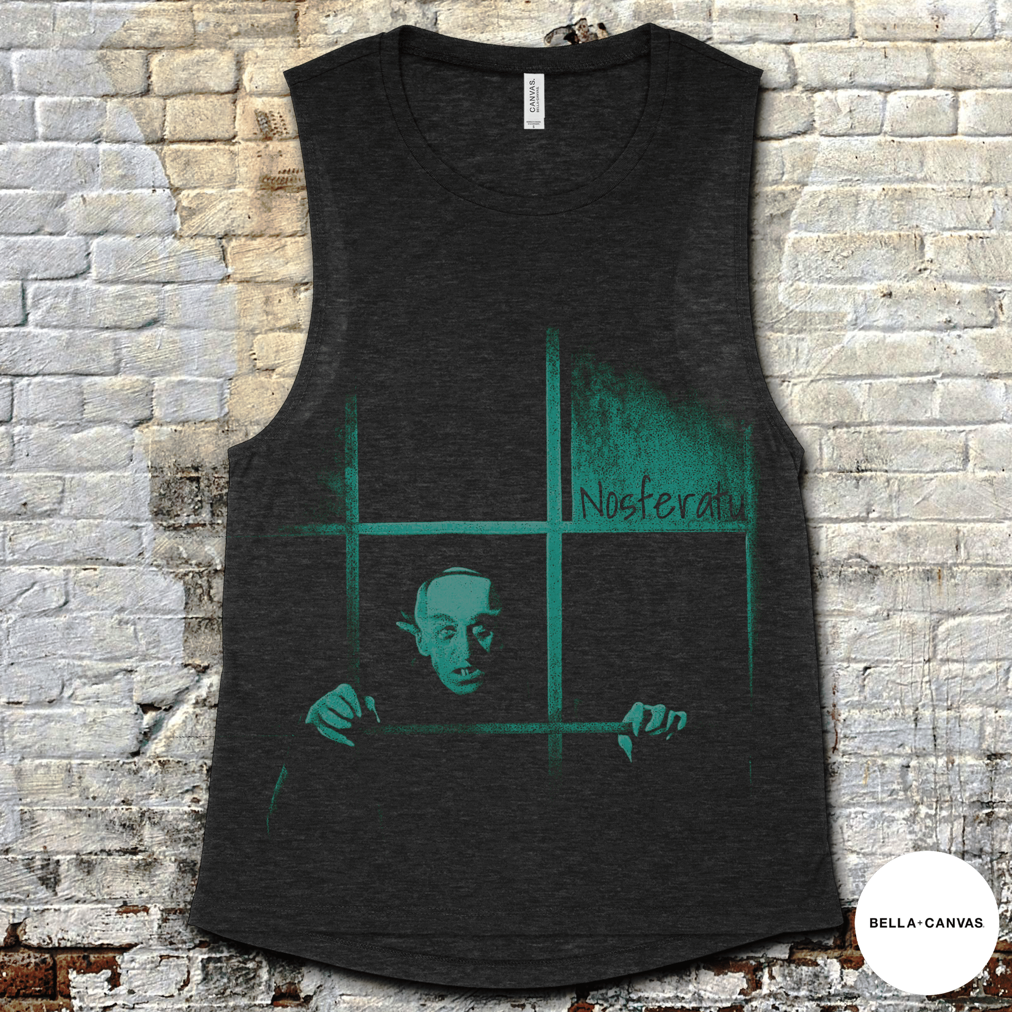 Nosferatu: A Symphony of Horror muscle tank with eerie green vampire silhouette and vintage grindhouse style on dark fabric