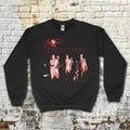 Black sweatshirt featuring red horror movie graphic and text with a group of undead figures on Night of the Living Dead sweatshirt