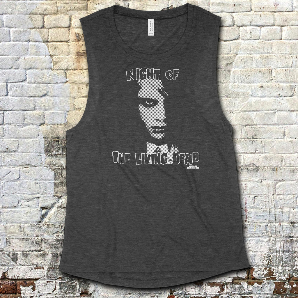 Night of the Living Dead design #1 muscle tank featuring haunting monochrome zombie face on dark charcoal fabric
