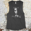 Night of the Living Dead design #1 muscle tank featuring haunting monochrome zombie face on dark charcoal fabric
