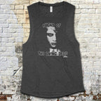 Night of the Living Dead design #1 muscle tank featuring haunting monochrome zombie face on dark charcoal fabric
