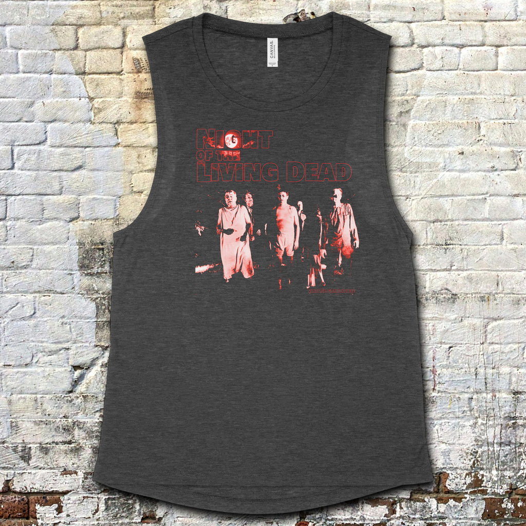 Night of the Living Dead design #2 muscle tank with retro zombie movie scene in red and white on dark fabric