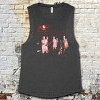 Night of the Living Dead design #2 muscle tank with retro zombie movie scene in red and white on dark fabric
