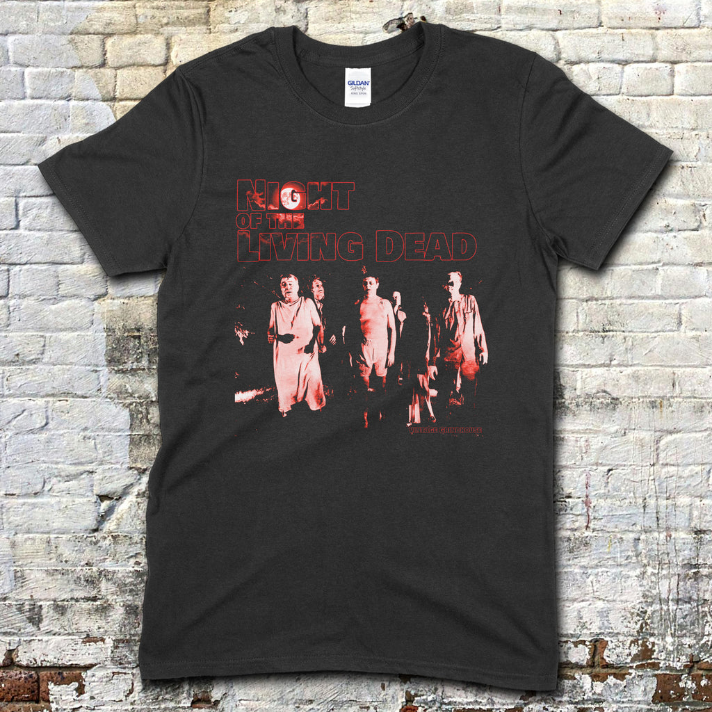 Black t-shirt with Night of the Living Dead design #2 featuring group of characters in eerie red tones on dark background