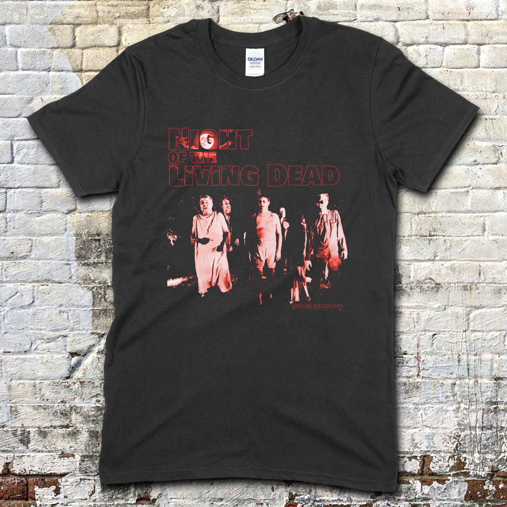 Black t-shirt with Night of the Living Dead design #2 featuring group of characters in eerie red tones on dark background
