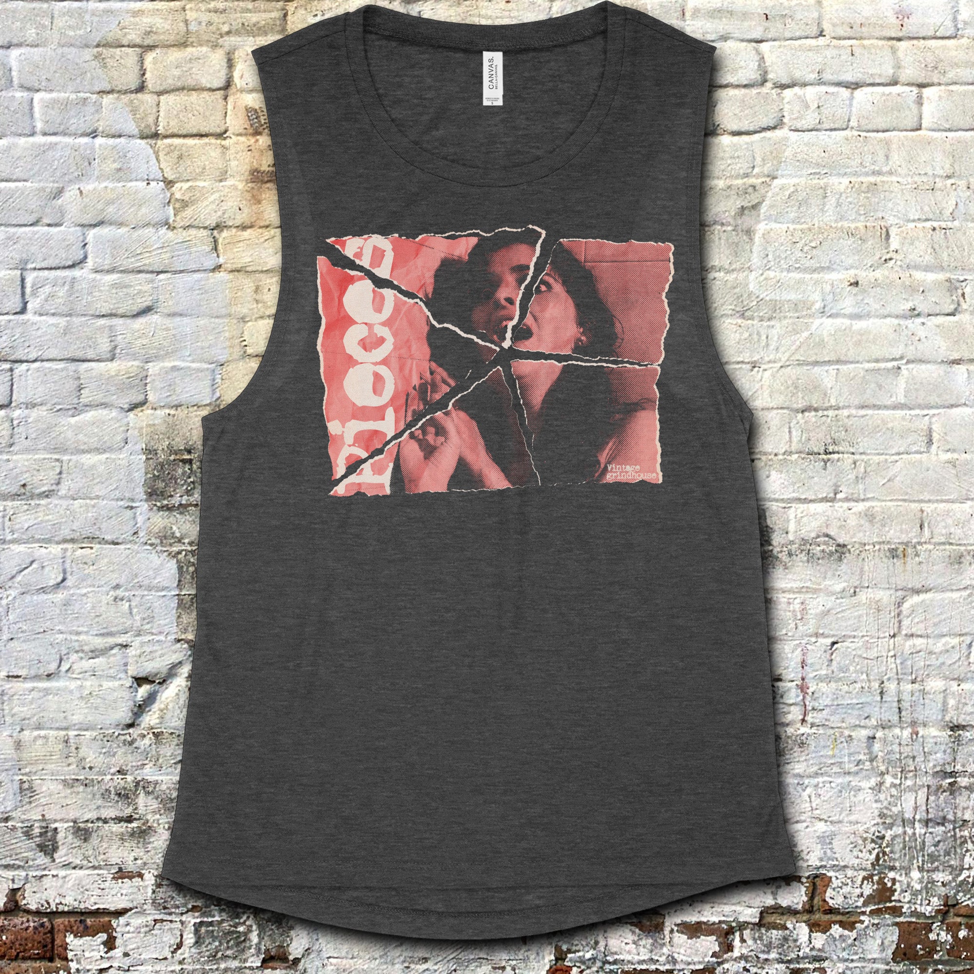Pieces muscle tank - Torn Asunder edition featuring torn photo collage design with vintage romantic imagery on dark fabric