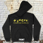 Pieces - Crime Scene Edition hoodie with yellow puzzle piece graphic and bold statement text on front against brick backdrop