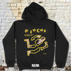 Pieces - Crime Scene Edition hoodie rear design with yellow puzzle pieces forming body outline and stylized text on black fabric
