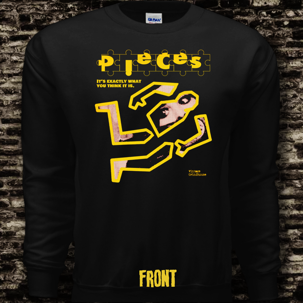 Black long-sleeve shirt with yellow graphic design of the horror movie Pieces 