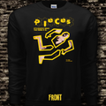 Black long-sleeve shirt with yellow graphic design of the horror movie Pieces 