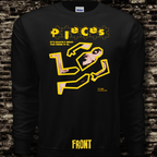Black long-sleeve shirt with yellow graphic design of the horror movie Pieces 