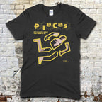 Black t-shirt featuring a yellow puzzle piece graphic forming a crime scene outline with text Pieces Crime Scene Edition on front
