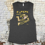 Pieces muscle tank - Crime Scene Edition featuring puzzle piece text and chalk outline of body with photo detail on dark fabric