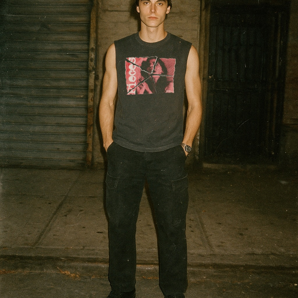 Pieces muscle tank - Torn Asunder edition worn by male model with bold graphic in dark urban nighttime setting