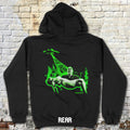 Plan 9 from Outer Space hoodie - front and rear prints! featuring green glowing abduction scene on black hoodie back panel