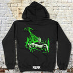 Plan 9 from Outer Space hoodie - front and rear prints! featuring green glowing abduction scene on black hoodie back panel