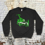 Black Plan 9 From Outer Space sweatshirt with green glowing UFO beam and man carrying woman graphic on front