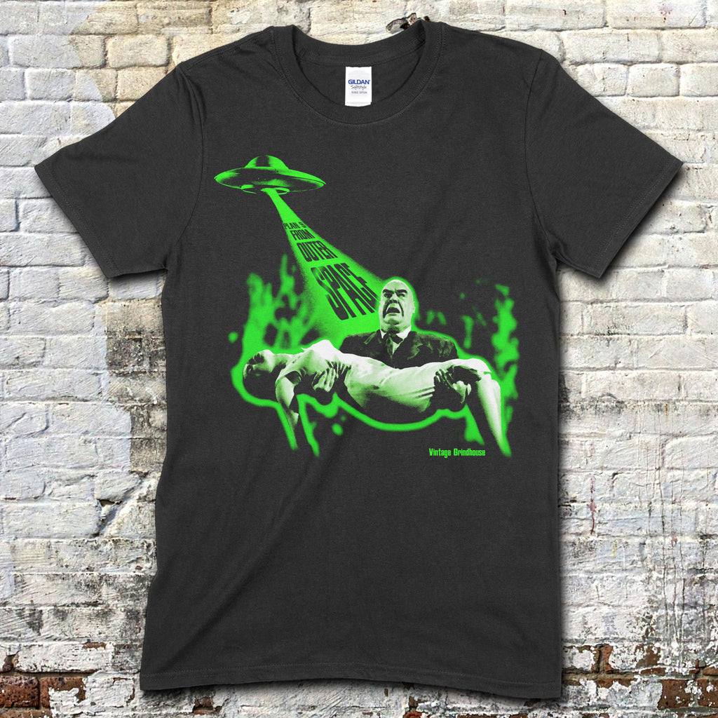 Black t-shirt featuring vintage green alien spaceship beam abducting a man holding a woman with Plan 9 from Outer Space text on front