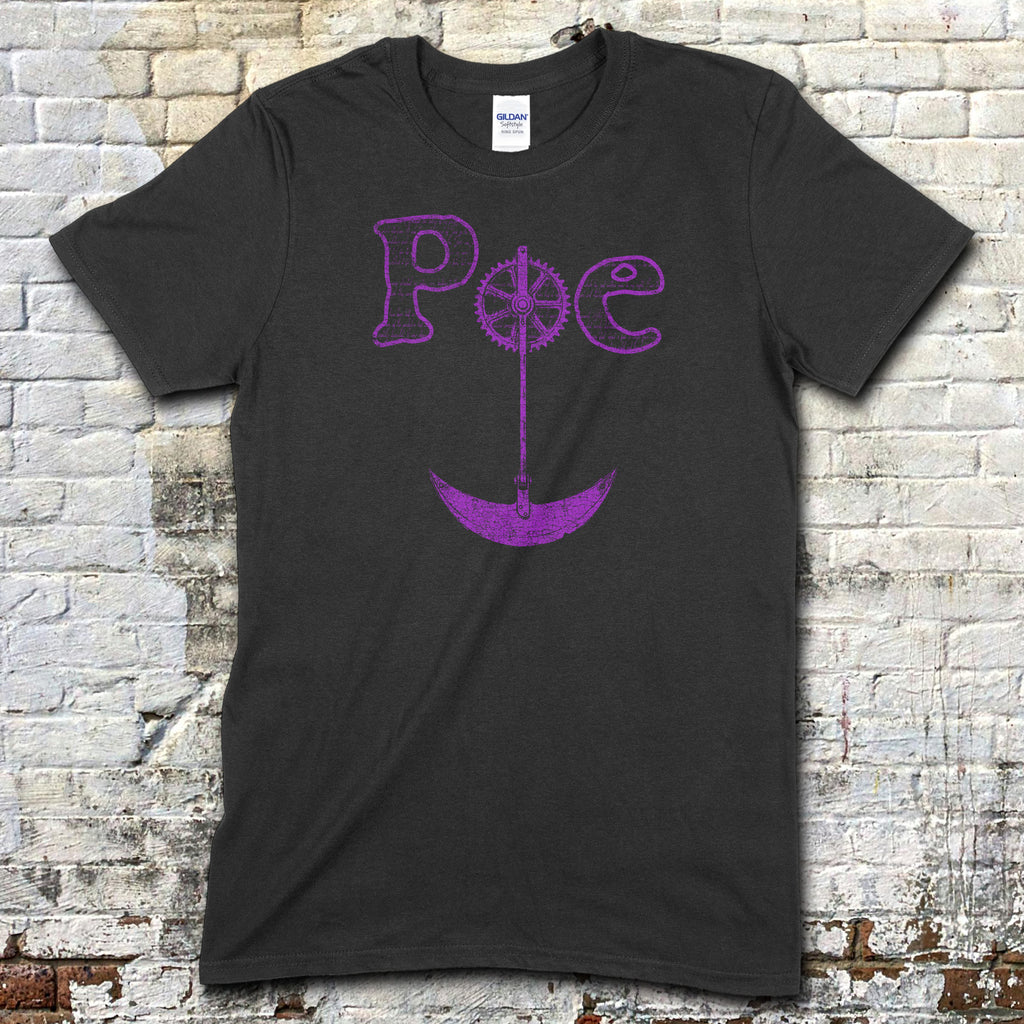 Black t-shirt featuring Edgar Allen Poe name in stylized purple lettering with a pendulum-inspired design element