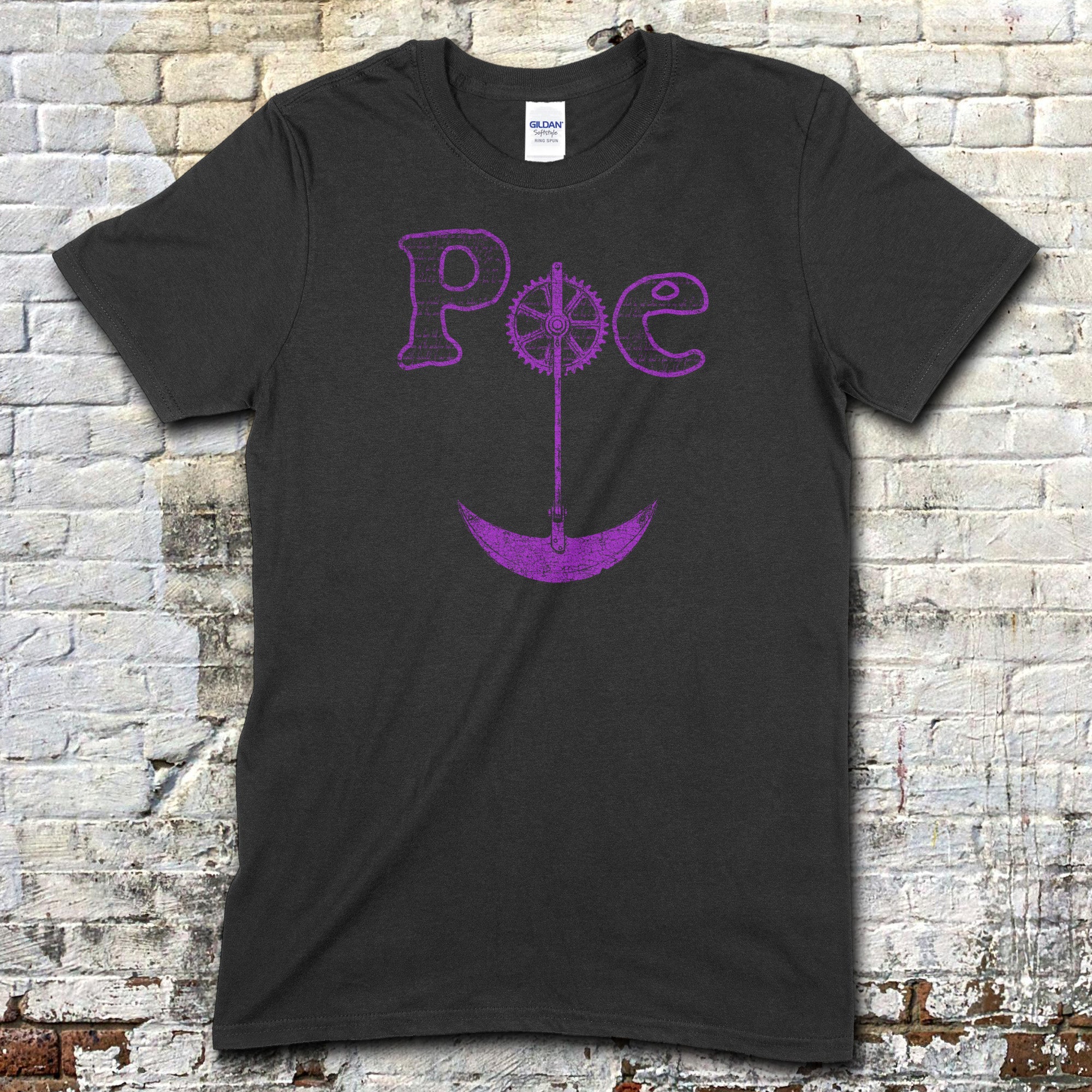 Black t-shirt featuring Edgar Allen Poe name in stylized purple lettering with a pendulum-inspired design element
