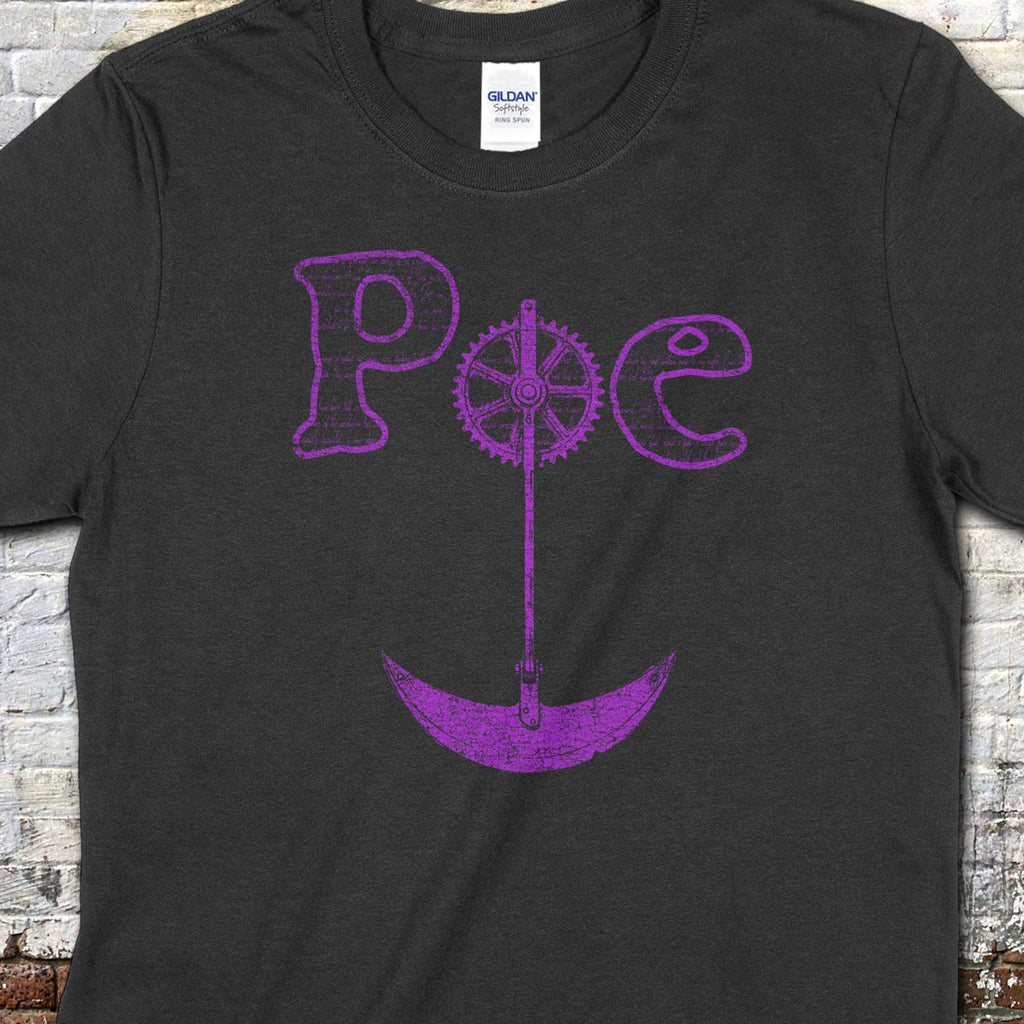 Edgar Allen Poe t-shirt with purple distressed lettering and a creative pendulum gear design on dark fabric