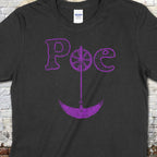 Edgar Allen Poe t-shirt with purple distressed lettering and a creative pendulum gear design on dark fabric