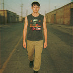 The Prowler muscle tank with striking graphic of soldier helmet and bloody hand on faded black sleeveless shirt