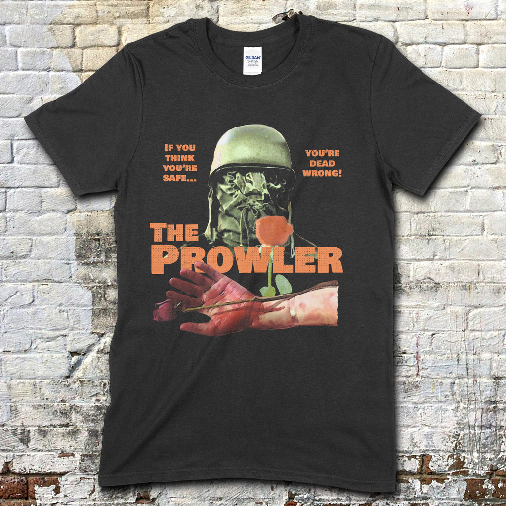 Black t-shirt featuring a graphic of a helmeted zombie soldier with a rose and bloodied arm with The Prowler text on front