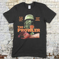 Black t-shirt featuring a graphic of a helmeted zombie soldier with a rose and bloodied arm with The Prowler text on front