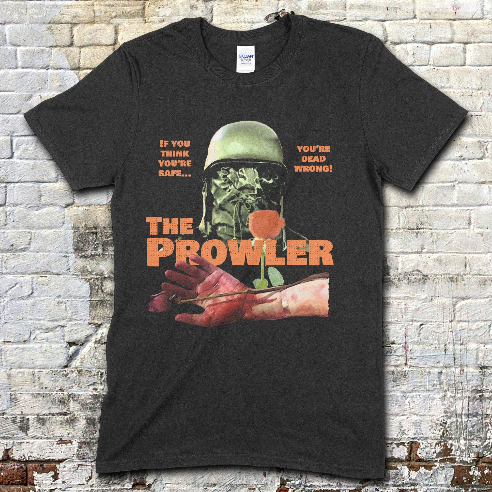 Black t-shirt featuring a graphic of a helmeted zombie soldier with a rose and bloodied arm with The Prowler text on front